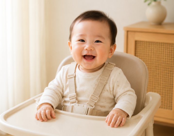 아기 의자에 앉아 활짝 웃는 아기