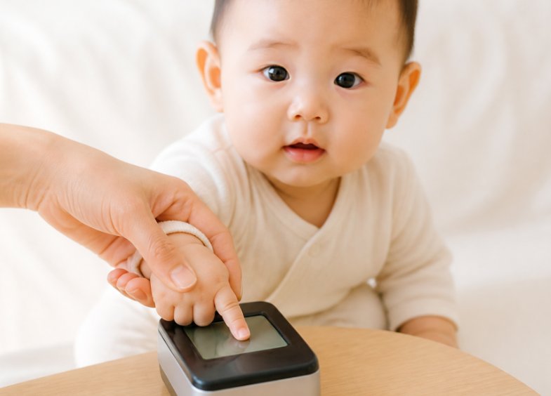 휴대폰 화면을 손가락으로 가리키는 아기와 그 손을 잡은 어른