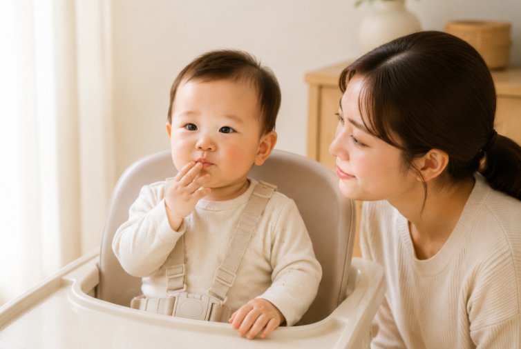 아기 의자에 앉은 아기를 바라보는 엄마