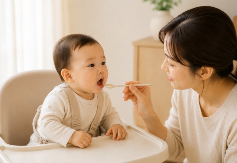 아기 의자에 앉은 아기에게 이유식을 먹이는 엄마