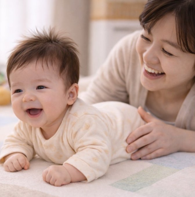 침대 위 아기를 안아 주며 웃는 엄마