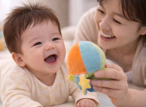장난감을 들고 아기와 마주 보며 웃는 엄마