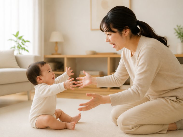 거실 바닥에서 아기와 마주 보며 노는 엄마