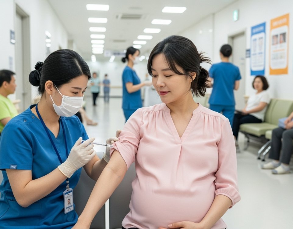 병원 복도에서 진료를 기다리는 임산부