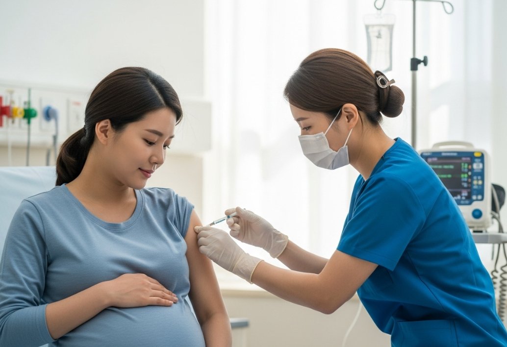 병원 진료를 위해 주사를 준비하는 간호사와 임산부