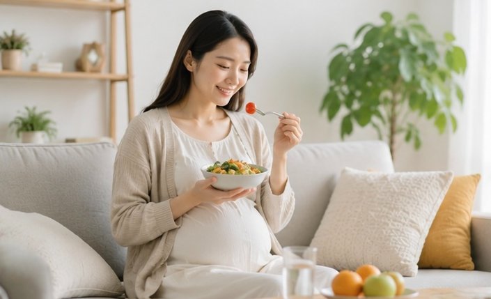 소파에 앉아 편안하게 식사하는 임산부