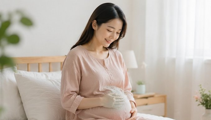 침실에서 배를 쓰다듬으며 서 있는 임산부